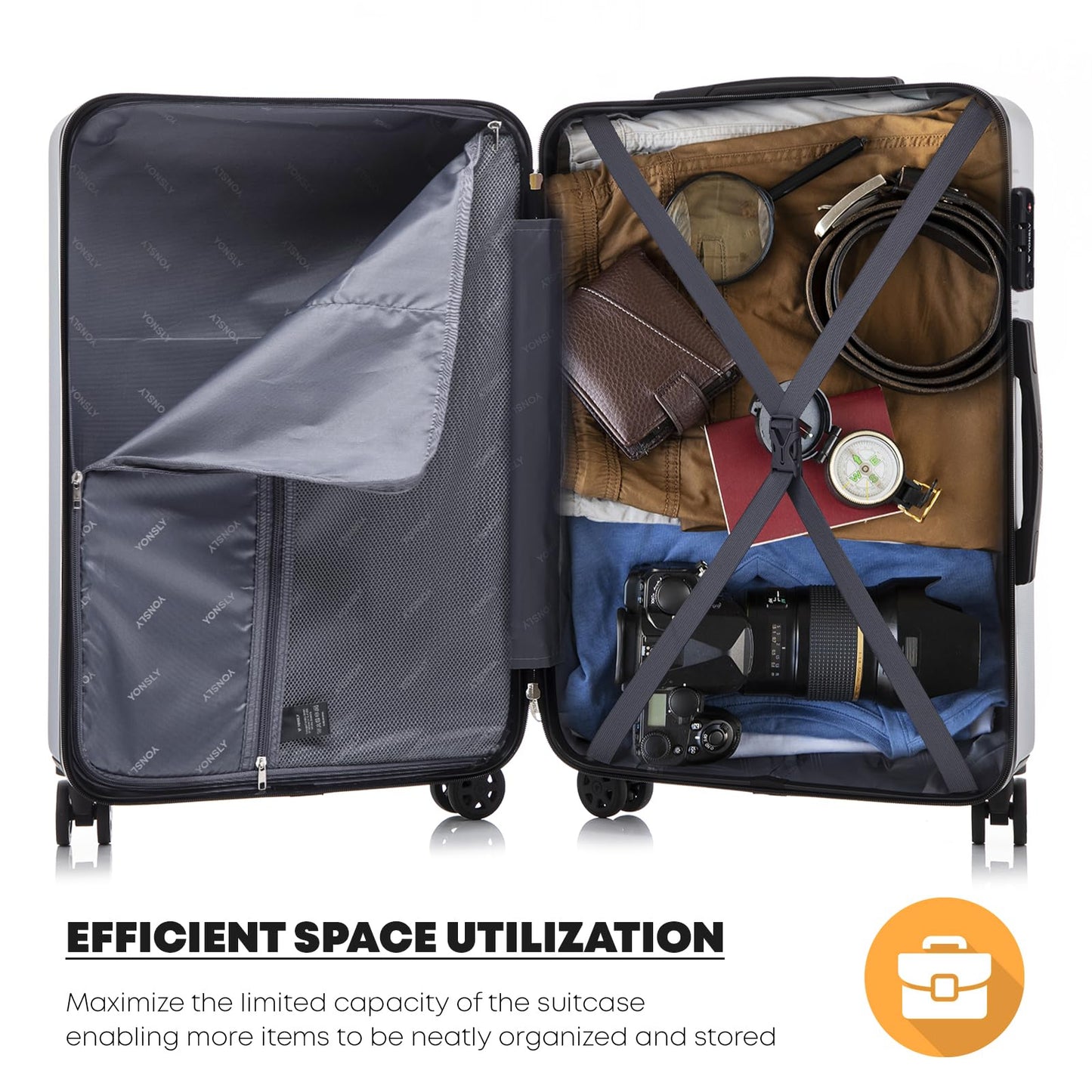 yonsly Premium Reisekoffer TSA-Schloss,YKK-Reißverschluss Hartschalen-Koffer Trolley Kabinenkoffer Rollkoffer Suitcase Handgepäck 4 Rollen (L-XL-Set)