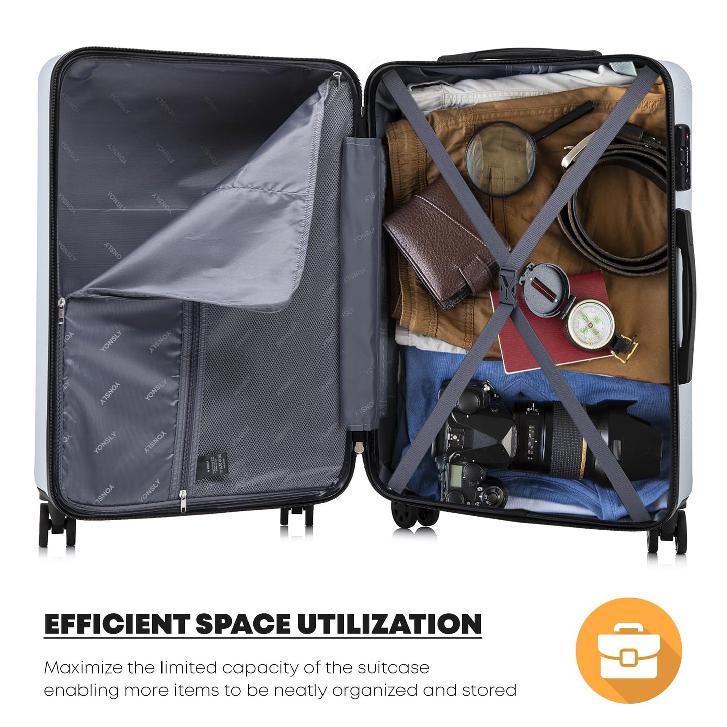 yonsly Premium Reisekoffer TSA-Schloss,YKK-Reißverschluss Hartschalen-Koffer Trolley Kabinenkoffer Rollkoffer Suitcase Handgepäck 4 Rollen (L-XL-Set)