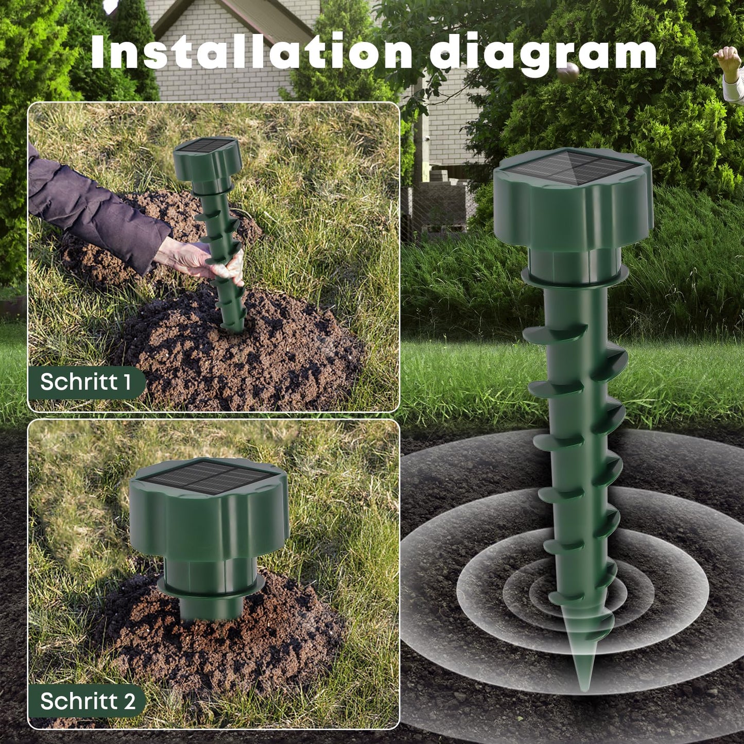 LQWELL® Solar Mole Repellent, 2 Pieces Vole Repellent, Gopher Repellent for the Garden, Ultrasonic Snake Repellent Lizard Repellent, Pest Control IP65 Waterproof for Lawn