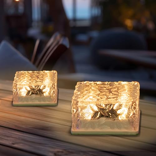 LQWELL® Solar Brick Light Solar Light Decoration Outdoor Solar Glass Paving Stones Solar Lamps Path Lighting Solar Cube Light Ice Stone Light Waterproof (Warm White + Blue)