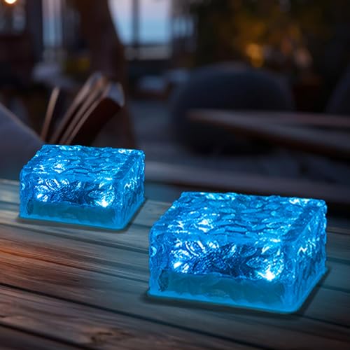 LQWELL® Solar Brick Light Solar Light Decoration Outdoor Solar Glass Paving Stones Solar Lamps Path Lighting Solar Cube Light Ice Stone Light Waterproof (Blue)