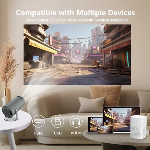 LQWELL® Projector, Mini Projector, Supports Wifi 6, BT5.0 With 11.0 Android OS, Auto Keystone Correction, 180° Angle, 130 Inch Display For Phone/PC/Lap/PS5/Xbox/Stick, 4K Home Cinema Projector, Grey