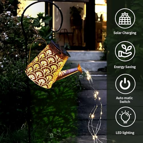 LQWELL Solar Watering Can with Waterfall Fairy Lights Lamp for Outdoor Garden, Vintage Solar Lantern Garden Lamp for Yard, Path Lawn, Paths, Patio, Yard Decoration