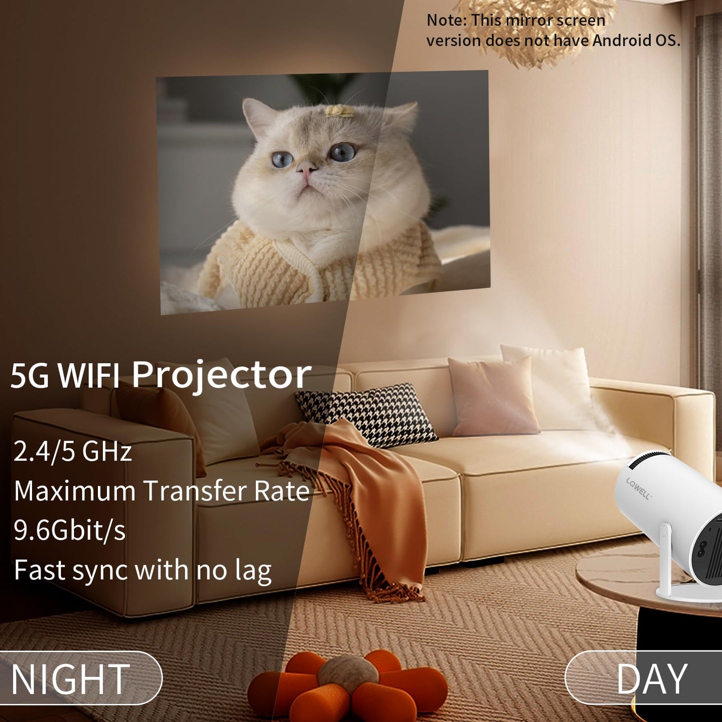 LQWELL® Projector, Mini Projector, Supports Wifi 5G&BT5.0, Automatic Keystone, 180 Degree Angle, 130 Inch Display for Phone/PC/Lap/PS5/Xbox/Stick, 4K Home Cinema Projector, White (No Android OS)