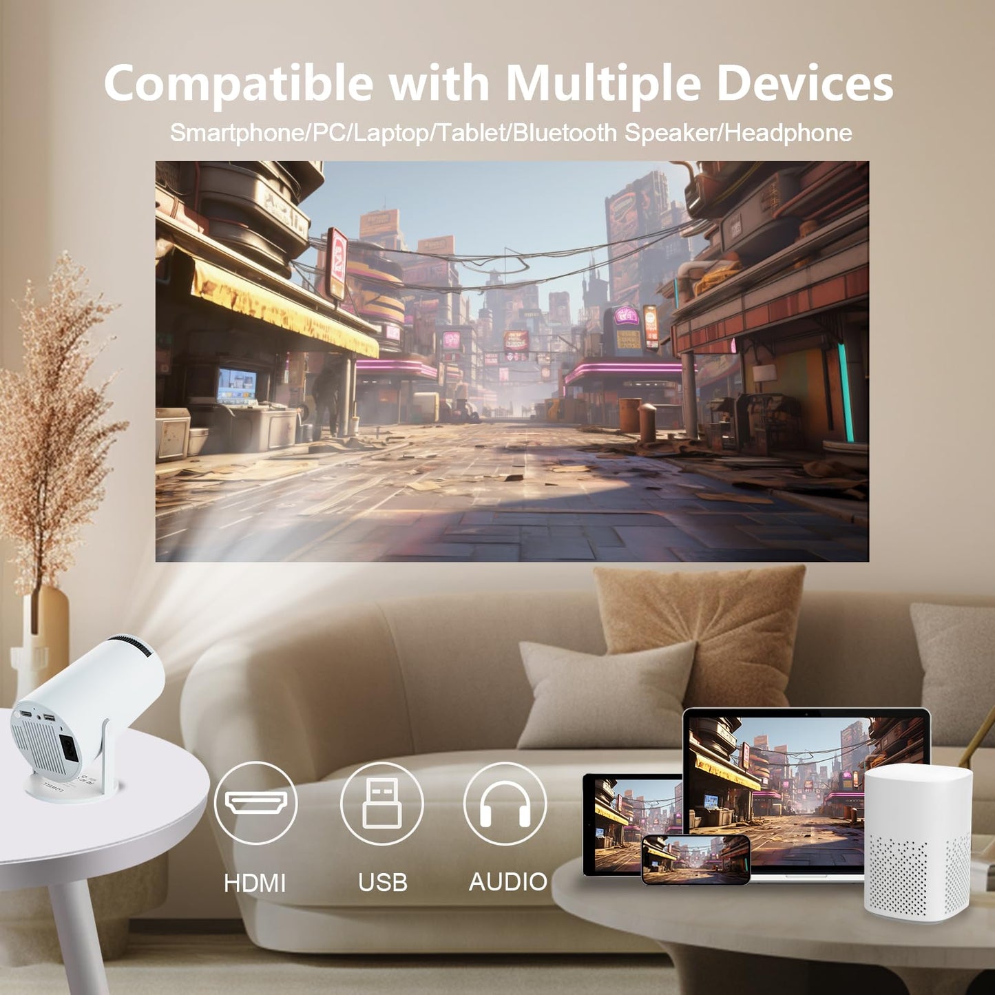 LQWELL® projector, mini projector, supports WiFi 6, BT5.0 with 11.0 Android OS, automatic keystone correction, 180 degree angle, 130 inch display for phone/PC/lap/PS5/Xbox/stick, 4K home cinema, HDMI , Blue