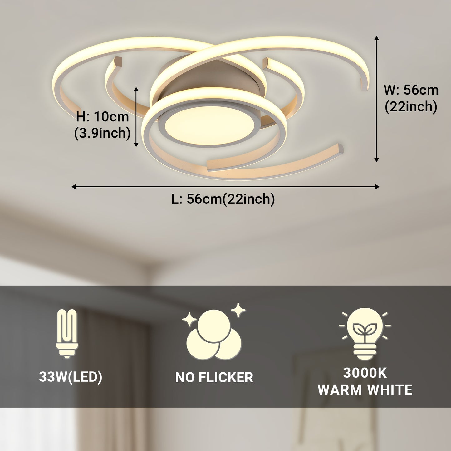 LQWELL ® Deckenleuchte LED Deckenlampe, 33W 3000K Küchenlampe Modern Schlafzimmerlampe aus Aluminium Schwarz Weiß für Wohnzimmer Schlafzimmer Küche Balkon Flur Keller Büro, 560 * 560 * 100mm