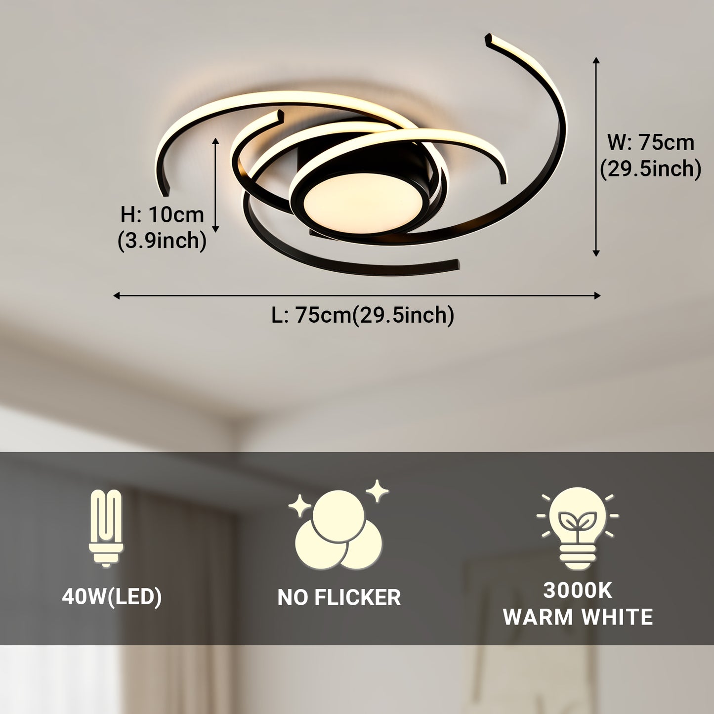 LQWELL ® Deckenleuchte LED Deckenlampe, 40W 3000K Küchenlampe Modern Schlafzimmerlampe aus Aluminium Schwarz Weiß für Wohnzimmer Schlafzimmer Küche Balkon Flur Keller Büro, 750 * 750 * 100mm