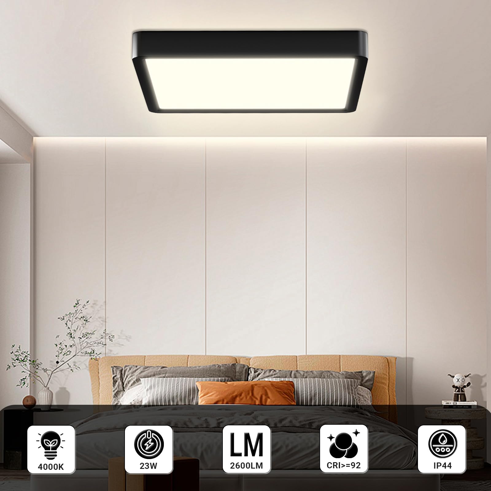 LQWELL® Deckenleuchte LED Deckenlampe, IP44 Wasserfest Badlampe Quadrat Flach 23W 4000K 2400LM Modern Schlicht Lampe Dünn für Wohnzimmer Badezimmer Schlafzimmer Küche Balkon Keller Büro, 300 * 25mm