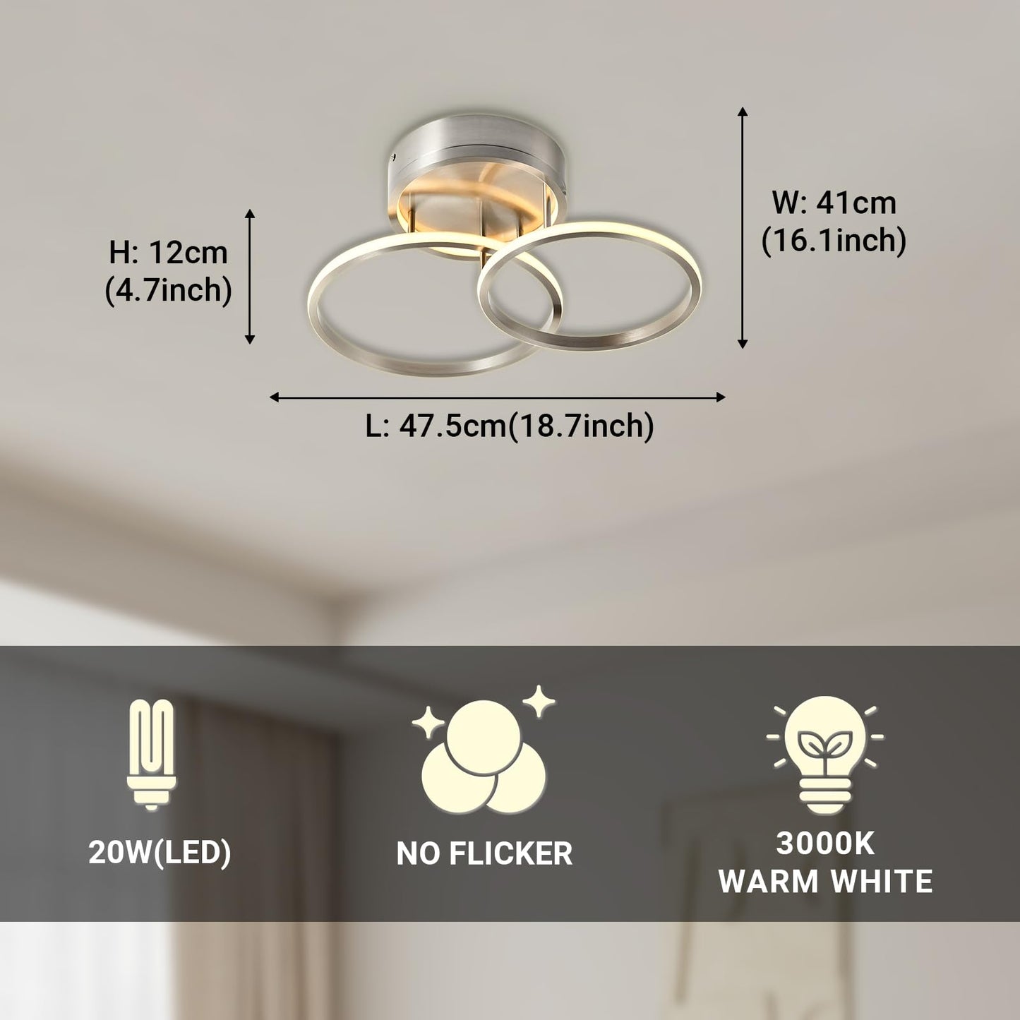 LQWELL® ceiling light LED ceiling lamp, 20W 3000K kitchen lamp modern bedroom lamp made of aluminum for living room bedroom kitchen balcony hallway basement office, 475 * 410 * 120mm