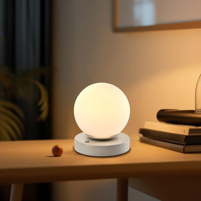 LQWELL® Bedside Lamp, Table Lamp, 3 Dimmable Levels, USB Rechargeable, Touch Control, Side Table Lamp, Reading Lamp, Sphere Glass for Indoor Bedroom Windowsill, White