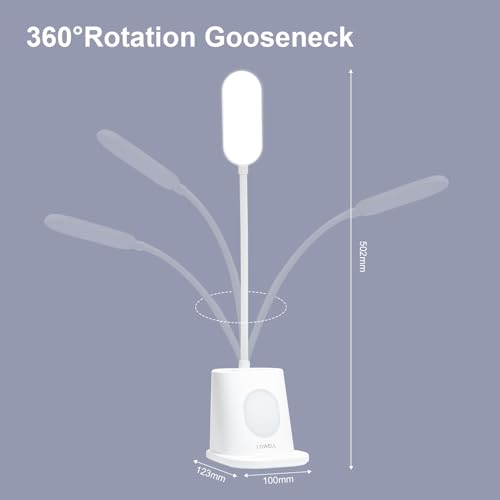 LQWELL® 4 in 1 LED Desk Lamp USB Rechargeable for Home Office, 3 Brightness Levels Night Light, 360° Flexible Pen Holder Table Lamp Study Lamp with Phone Holder (White)