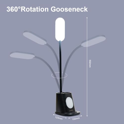 LQWELL® 4 in 1 LED Schreibtischlampe USB Aufladbar für Heimbüro, 3 Helligkeitsstufen Nachtlicht, 360° Flexibel Stifthalter Tischlampe Studienlampe mit Telefonhalter (Schwarz)