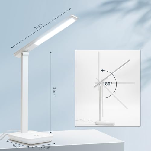LQWELL® LED Desk Lamp Detachable Study Lamp, 3 Brightness Levels Dimmable Table Lamp for Home Office, 0° to 180° Rotation, 6500K (White)