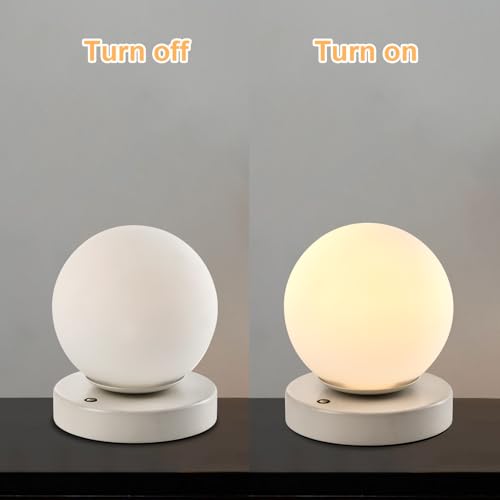 LQWELL® Nachttischlampe Nachttischleuchte, Tischlampe Tischleuchte 3 Dimmstufen USB Wiederaufladbar Touch Beistelltischlampe Leselampe Kugel Glas für Drinnen Schlafzimmer Fensterbank, Weiß