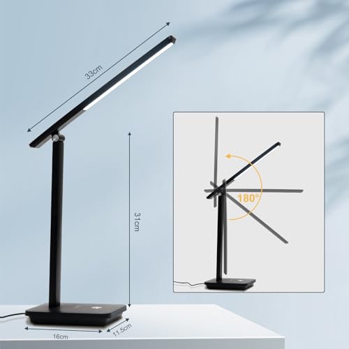 LQWELL® LED Schreibtischlampe Abnehmbare Studienlampe, 3 Helligkeitsstufen Dimmbare Tischleuchte für Heimbüro, 0° bis 180° Drehung, 6500K (Schwarz)