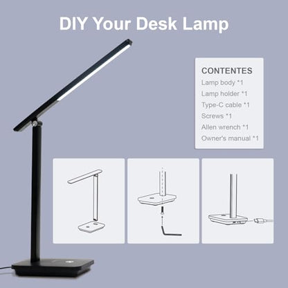 LQWELL® LED Desk Lamp Detachable Study Lamp, 3 Brightness Levels Dimmable Table Lamp for Home Office, 0° to 180° Rotation, 6500K (Black)