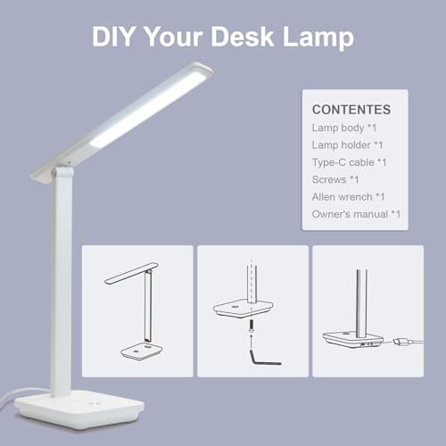 LQWELL® LED Desk Lamp Detachable Study Lamp, 3 Brightness Levels Dimmable Table Lamp for Home Office, 0° to 180° Rotation, 6500K (White)