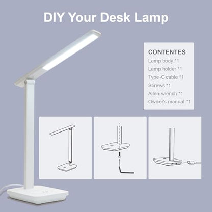 LQWELL® LED Desk Lamp Detachable Study Lamp, 3 Brightness Levels Dimmable Table Lamp for Home Office, 0° to 180° Rotation, 6500K (White)