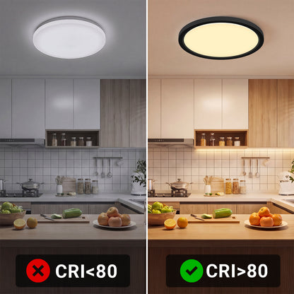 Runde LED-Deckenleuchte, flach; links kaltweiß, rechts warmweiß