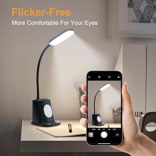 LQWELL® 4 in 1 LED Schreibtischlampe USB Aufladbar für Heimbüro, 3 Helligkeitsstufen Nachtlicht, 360° Flexibel Stifthalter Tischlampe Studienlampe mit Telefonhalter (Schwarz)