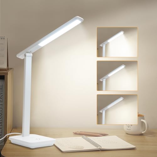 LQWELL® LED Schreibtischlampe Abnehmbare Studienlampe, 3 Helligkeitsstufen Dimmbare Tischleuchte für Heimbüro, 0° bis 180° Drehung, 6500K (Weiß)