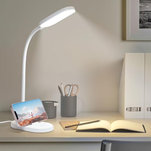 LQWELL® LED Schreibtischlampe Studienlampe für Heimbüro, 360° Flexibel Touch-Steuerung Tischleuchte mit Telefonhalter (Weiß)