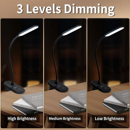 LQWELL® clamp lamp reading lamp bed, battery-operated dimmable clamp light, 3 brightness levels &amp; 360° flexible clamp desk lamp for home office (black)