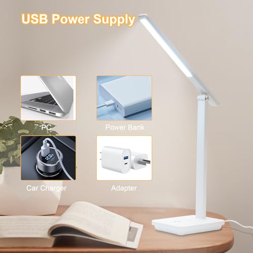 LQWELL® LED Desk Lamp Detachable Study Lamp, 3 Brightness Levels Dimmable Table Lamp for Home Office, 0° to 180° Rotation, 6500K (White)