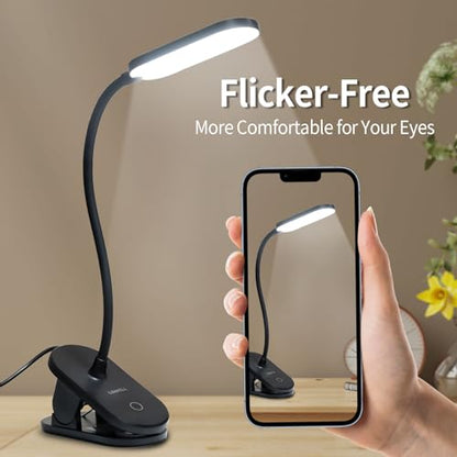 LQWELL® clamp lamp reading lamp bed, dimmable clamp light, 3 brightness levels &amp; 360° flexible clamp desk lamp for home office (black)