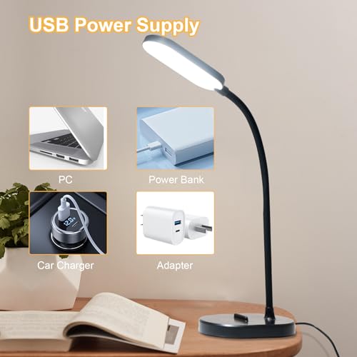 LQWELL® LED Desk Lamp Study Lamp for Home Office, 360° Flexible Touch Control Table Lamp with Phone Holder (Black)