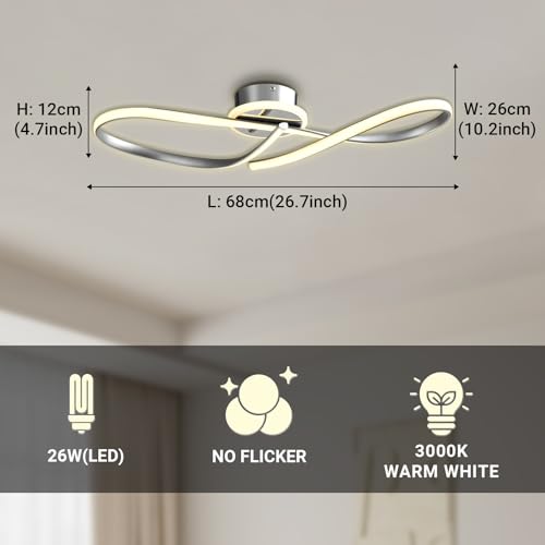 LQWELL ® Ceiling light LED ceiling lamp, 26W 3000K kitchen lamp modern bedroom lamp made of aluminum for living room bedroom kitchen balcony hallway basement office, 680 * 260 * 120mm