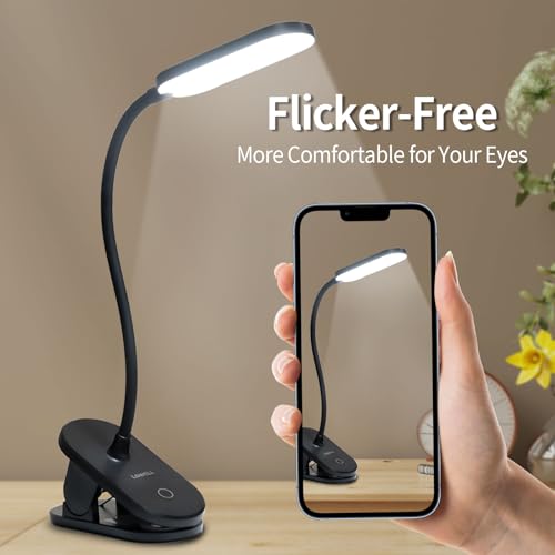 LQWELL® clamp lamp reading lamp bed, battery-operated dimmable clamp light, 3 brightness levels &amp; 360° flexible clamp desk lamp for home office (black)