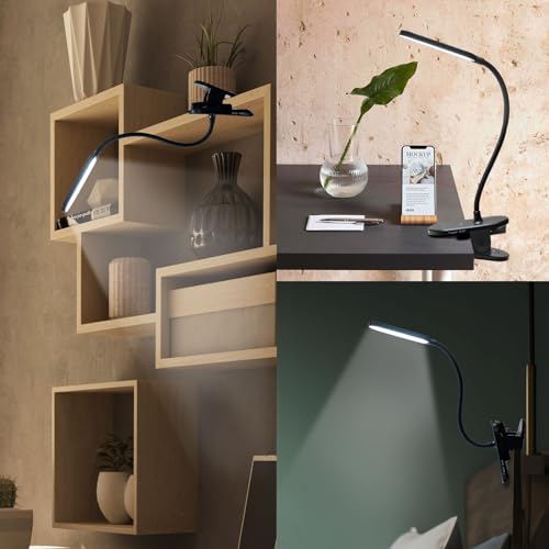 LQWELL® clamp lamp reading lamp bed, battery-operated dimmable clamp light, 3 brightness levels & 360° flexible clamp desk lamp for home office (black)