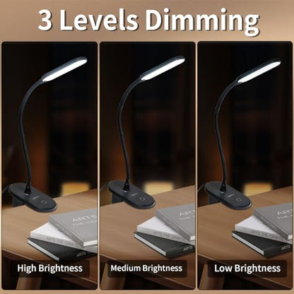 LQWELL® clamp lamp reading lamp bed, dimmable clamp light, 3 brightness levels &amp; 360° flexible clamp desk lamp for home office (black)