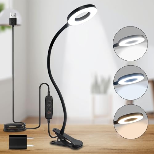 LQWELL® LED clamp lamp reading lamp bed with USB port, 3 color temperatures, 10 brightness levels &amp; stepless dimming, 360° flexible clamp desk lamp for home office (neck length 70 cm)