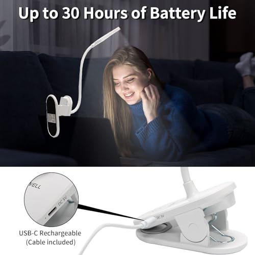LQWELL® clamp lamp reading lamp bed, battery-operated dimmable clamp light, 3 brightness levels &amp; 360° flexible clamp desk lamp for home office (white)