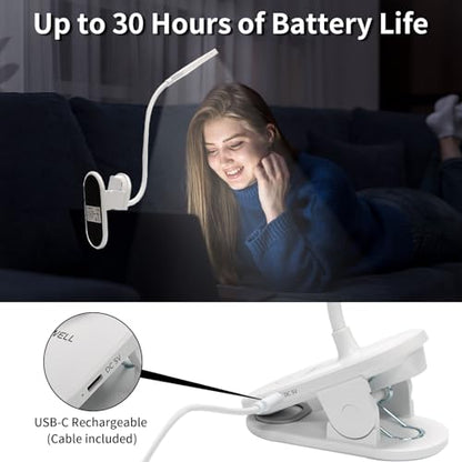 LQWELL® clamp lamp reading lamp bed, battery-operated dimmable clamp light, 3 brightness levels &amp; 360° flexible clamp desk lamp for home office (white)