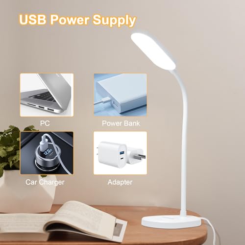 LQWELL® LED Schreibtischlampe Studienlampe für Heimbüro, 360° Flexibel Touch-Steuerung Tischleuchte mit Telefonhalter (Weiß)