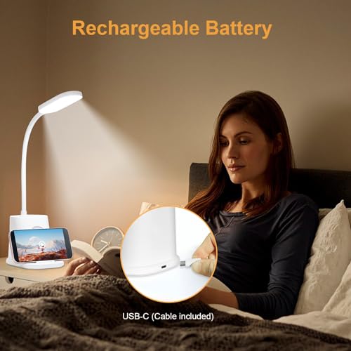 LQWELL® 4 in 1 LED Desk Lamp USB Rechargeable for Home Office, 3 Brightness Levels Night Light, 360° Flexible Pen Holder Table Lamp Study Lamp with Phone Holder (White)