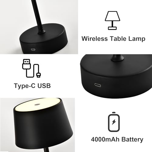 LQWELL® LED Tischlampe, Touch Tischleuchte Typ C USB Nachttischlampe Lichtintensität einstellbar für Drinnen Wohnzimmer Schlafzimmer Abendessen Hotel Bar Restaurant, Schwarz