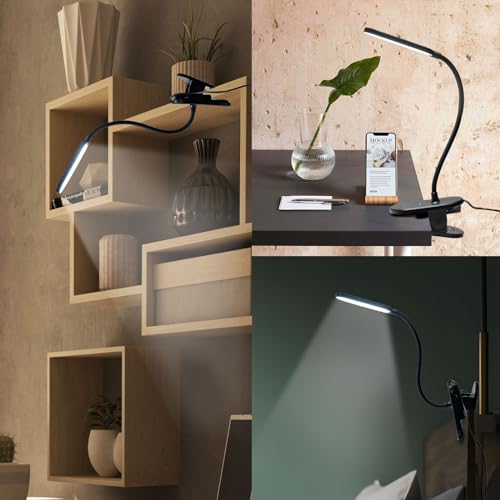 LQWELL® clamp lamp reading lamp bed, dimmable clamp light, 3 brightness levels & 360° flexible clamp desk lamp for home office (black)