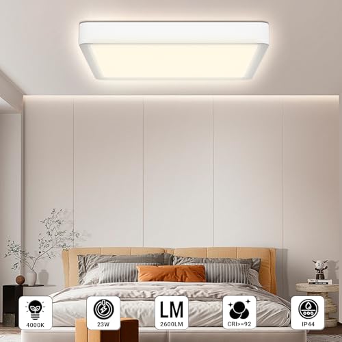 LQWELL® Deckenleuchte LED Deckenlampe, IP44 Wasserfest Badlampe Quadrat Flach 23W 4000K 2600LM Modern Schlicht Lampe Dünn für Wohnzimmer Badezimmer Schlafzimmer Küche Balkon Keller Büro, 300 * 25mm