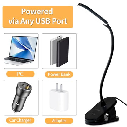 LQWELL® clamp lamp reading lamp bed, dimmable clamp light, 3 brightness levels &amp; 360° flexible clamp desk lamp for home office (black)