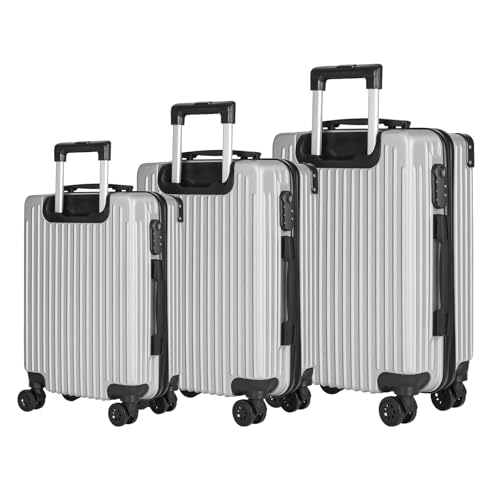 yonsly® Koffer Suitcase Set, Trolley Reisekoffer, Rollkoffer Handgepäck mit 4 Rollen 360°, ABS Hartschalen, Sicherheitsschloss, Weicher Gummigriff, 210D-Futter (3er Set, M,L&XL, Silber)