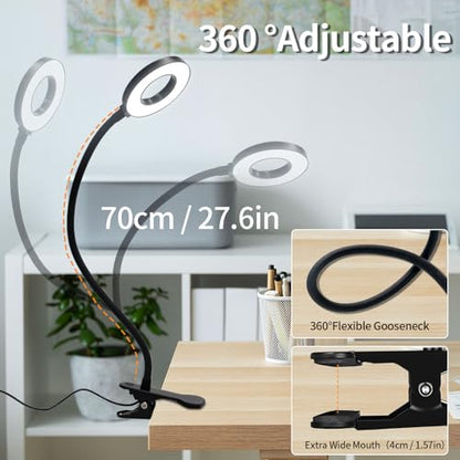 LQWELL® LED clamp lamp reading lamp bed with USB port, 3 color temperatures, 10 brightness levels &amp; stepless dimming, 360° flexible clamp desk lamp for home office (neck length 70 cm)
