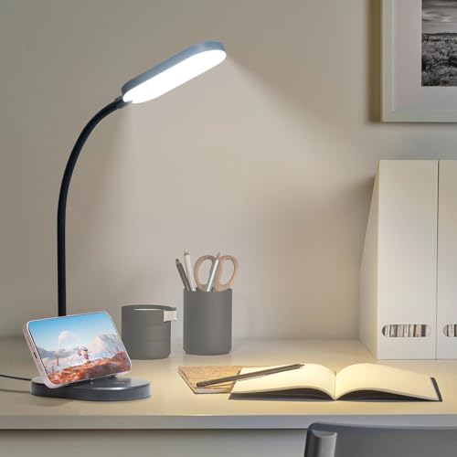 LQWELL® LED Schreibtischlampe Studienlampe für Heimbüro, 360° Flexibel Touch-Steuerung Tischleuchte mit Telefonhalter (Schwarz)