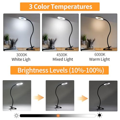 LQWELL® LED clamp lamp reading lamp bed with USB port, 3 color temperatures, 10 brightness levels &amp; stepless dimming, 360° flexible clamp desk lamp for home office (neck length 70 cm)