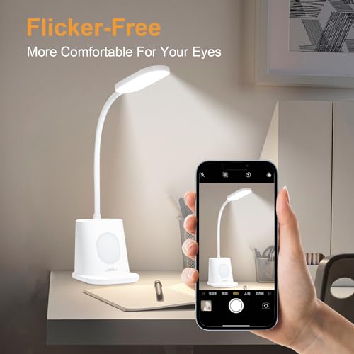 LQWELL® 4 in 1 LED Desk Lamp USB Rechargeable for Home Office, 3 Brightness Levels Night Light, 360° Flexible Pen Holder Table Lamp Study Lamp with Phone Holder (White)