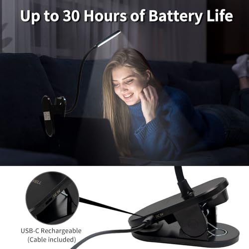 LQWELL® clamp lamp reading lamp bed, battery-operated dimmable clamp light, 3 brightness levels &amp; 360° flexible clamp desk lamp for home office (black)