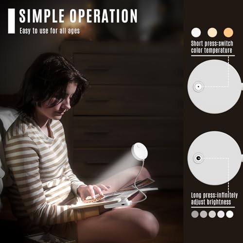 LQWELL®3× Nachttisch-Leselampe, wiederaufladbare USB-Leselampe, 3 Farbtemperaturen, 10 Helligkeitsstufen, stufenlos dimmbar, 360° flexibles Buchlicht für Kinder und Buchliebhaber (Weiß, 3 Stück)